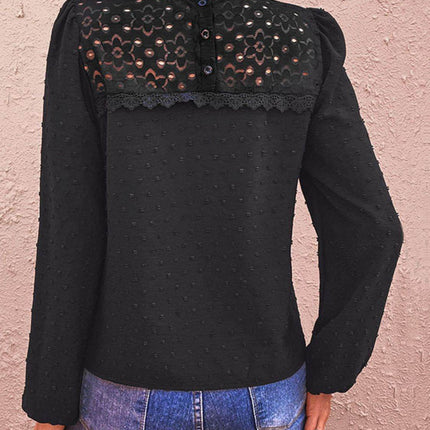 Swiss Dot Lace Trim Long Sleeve Blouse - MimiStylez