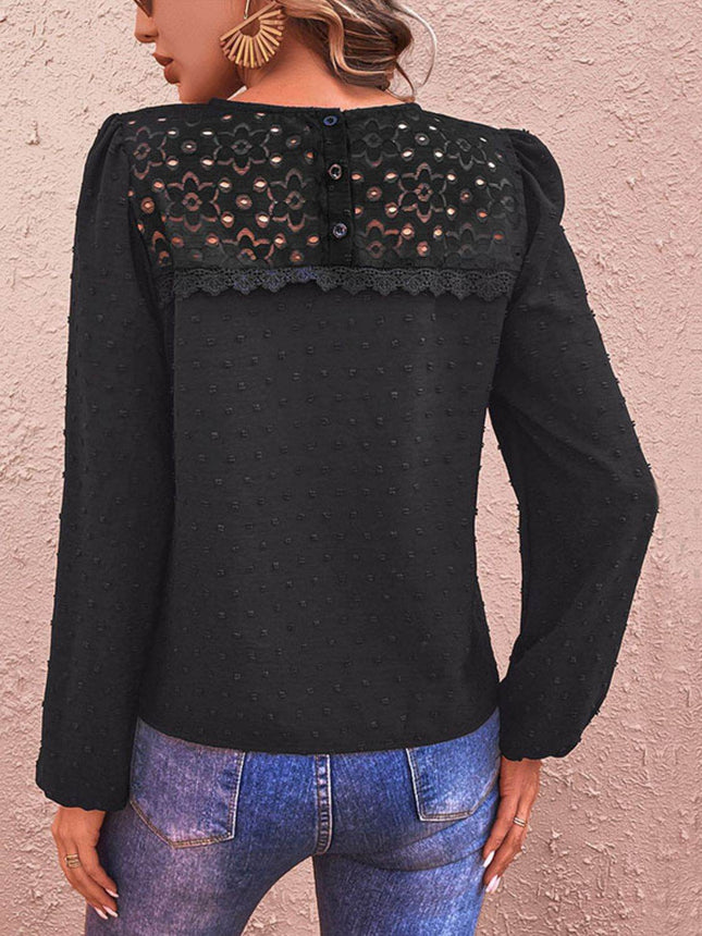 Swiss Dot Lace Trim Long Sleeve Blouse - MimiStylez