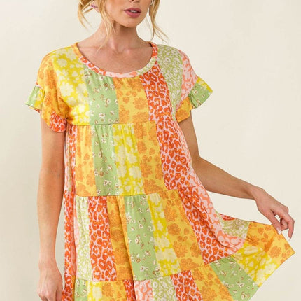 BiBi Leopard Short Sleeve Tiered Dress - MimiStylez