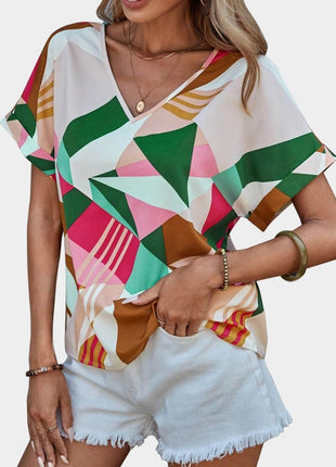 Printed V-Neck Short Sleeve Blouse - MimiStylez
