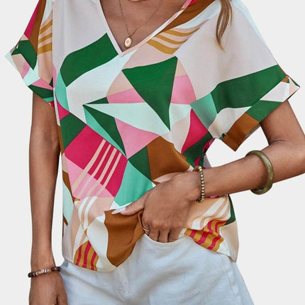 Printed V-Neck Short Sleeve Blouse - MimiStylez