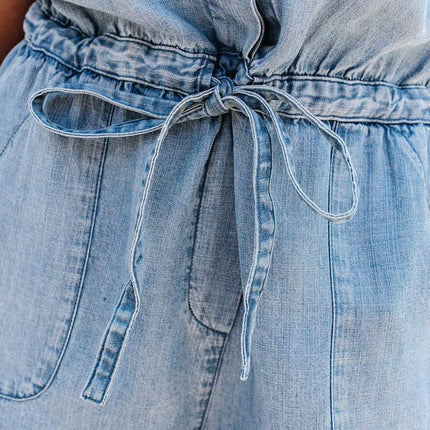 Drawstring Half Button Half Sleeve Denim Romper - MimiStylez