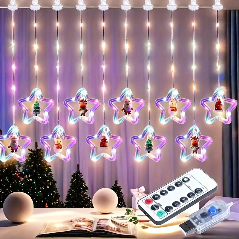 10 Strips Of Light, Christmas Curtain Light, Width 300cm/118.11", 8 Flashing Modes With Remote Control, DIY Christmas Tree With Hook, Santa Claus, LED Fairy Light, Gift Box Packaging, USB Power Supply