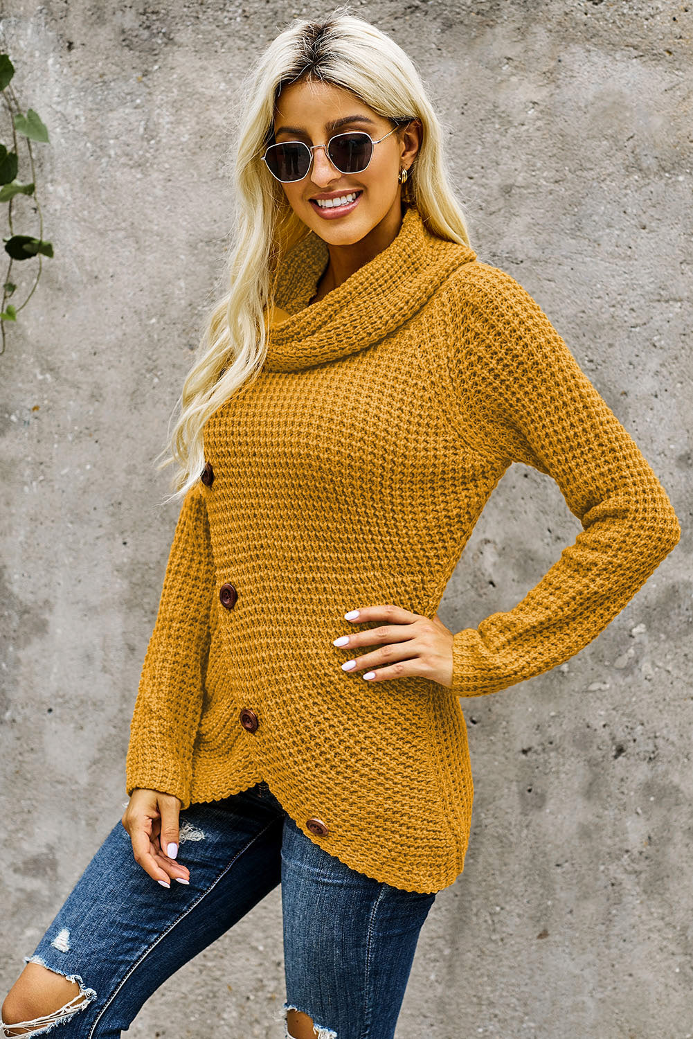 Decorative Button Mock Neck Sweater