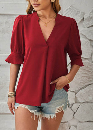 Notched Half Sleeve Blouse - MimiStylez