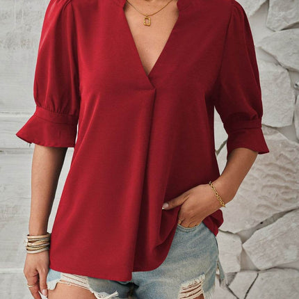 Notched Half Sleeve Blouse - MimiStylez