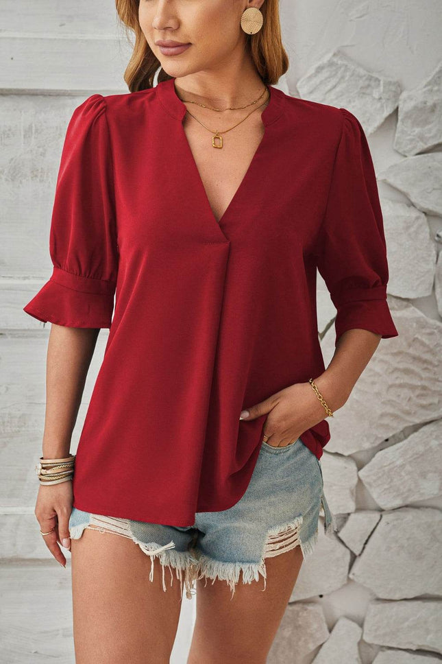 Notched Half Sleeve Blouse - MimiStylez