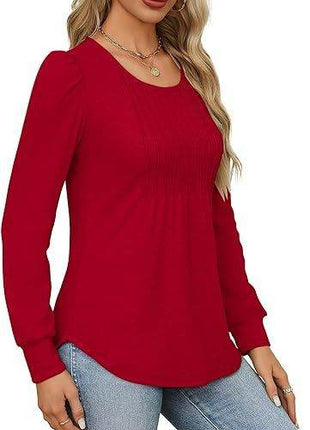 Women's Bubble Sleeve Waist Pleated Round Neck Long Sleeve T-shirt - MimiStylez