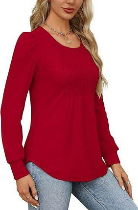 Women's Bubble Sleeve Waist Pleated Round Neck Long Sleeve T-shirt - MimiStylez