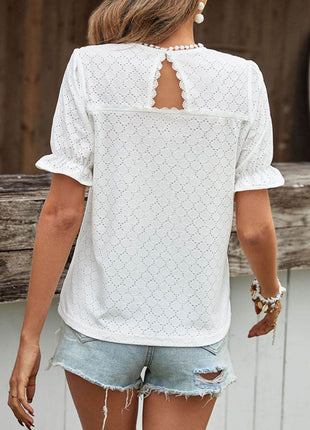 Pom Pom Detail Openwork Flounce Sleeve Blouse - MimiStylez
