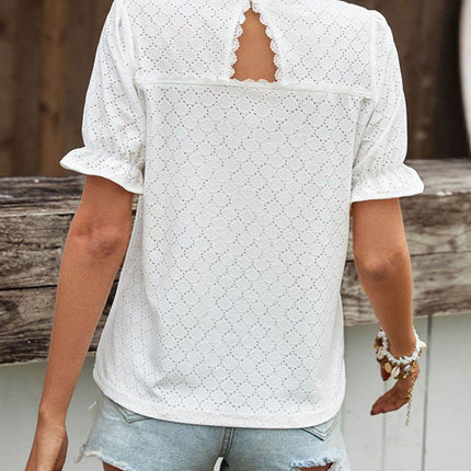 Pom Pom Detail Openwork Flounce Sleeve Blouse - MimiStylez