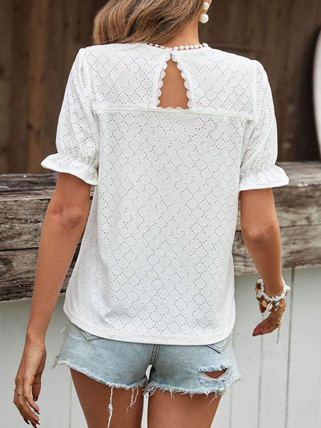 Pom Pom Detail Openwork Flounce Sleeve Blouse - MimiStylez