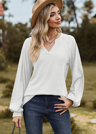 Notched Neck Raglan Sleeve Blouse - MimiStylez