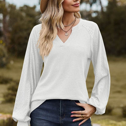 Notched Neck Raglan Sleeve Blouse - MimiStylez