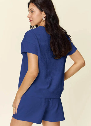 Double Take Full Size Texture Short Sleeve T-Shirt and Drawstring Shorts Set - MimiStylez