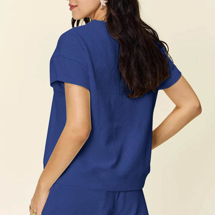 Double Take Full Size Texture Short Sleeve T-Shirt and Drawstring Shorts Set - MimiStylez
