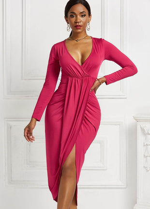 High-low Ruched Surplice Long Sleeve Dress - MimiStylez