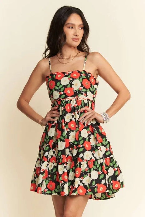 Davi & Dani Floral Scalloped Cutout Back Mini Dress - MimiStylez