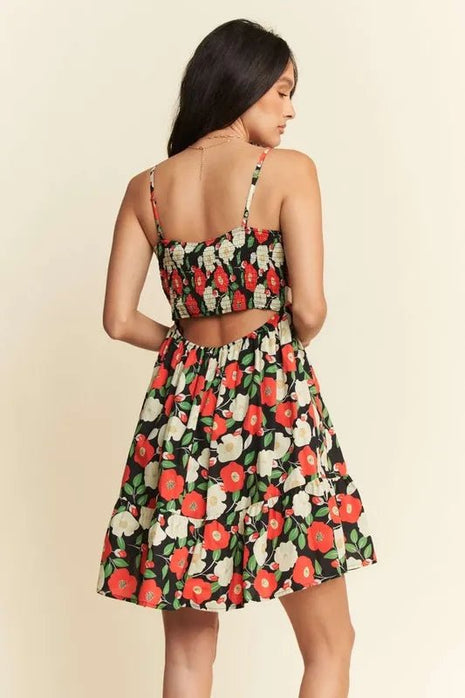 Davi & Dani Floral Scalloped Cutout Back Mini Dress - MimiStylez