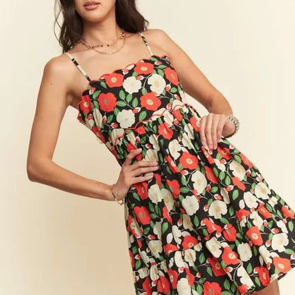 Davi & Dani Floral Scalloped Cutout Back Mini Dress - MimiStylez
