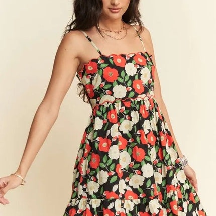 Davi & Dani Floral Scalloped Cutout Back Mini Dress - MimiStylez