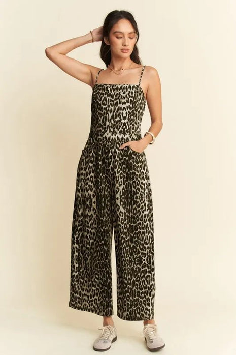 Davi & Dani Leopard Spaghetti Straps Wide Leg Jumpsuit - MimiStylez
