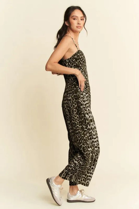 Davi & Dani Leopard Spaghetti Straps Wide Leg Jumpsuit - MimiStylez