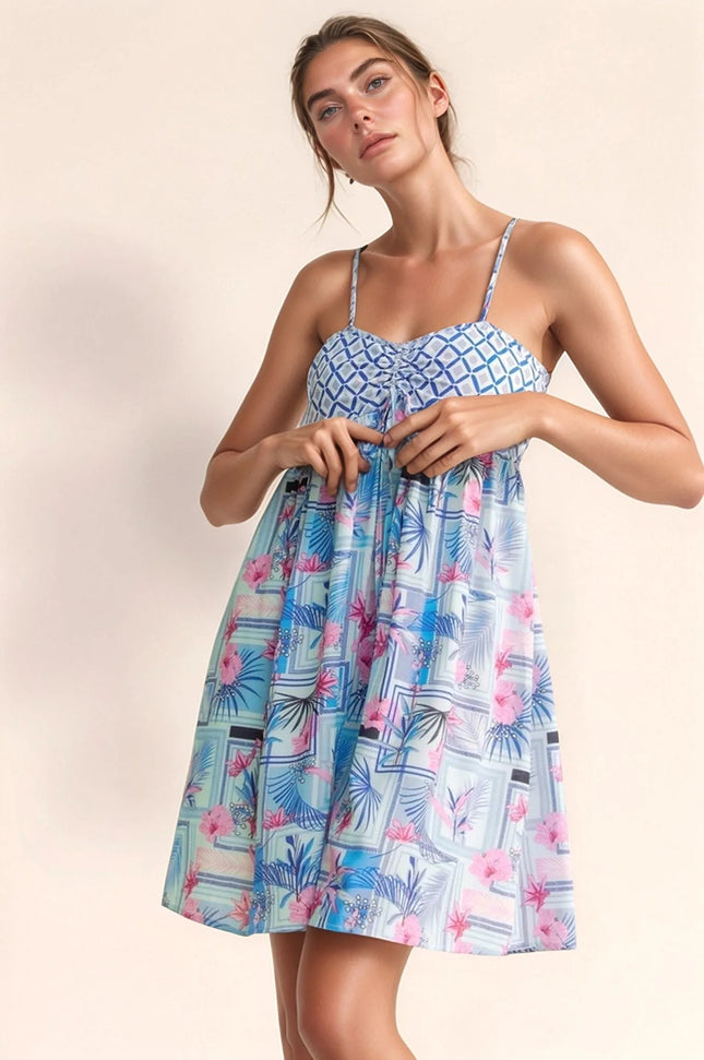 Davi & Dani Tropical Floral Geo Print Tie Back Tube Top Romper - MimiStylez
