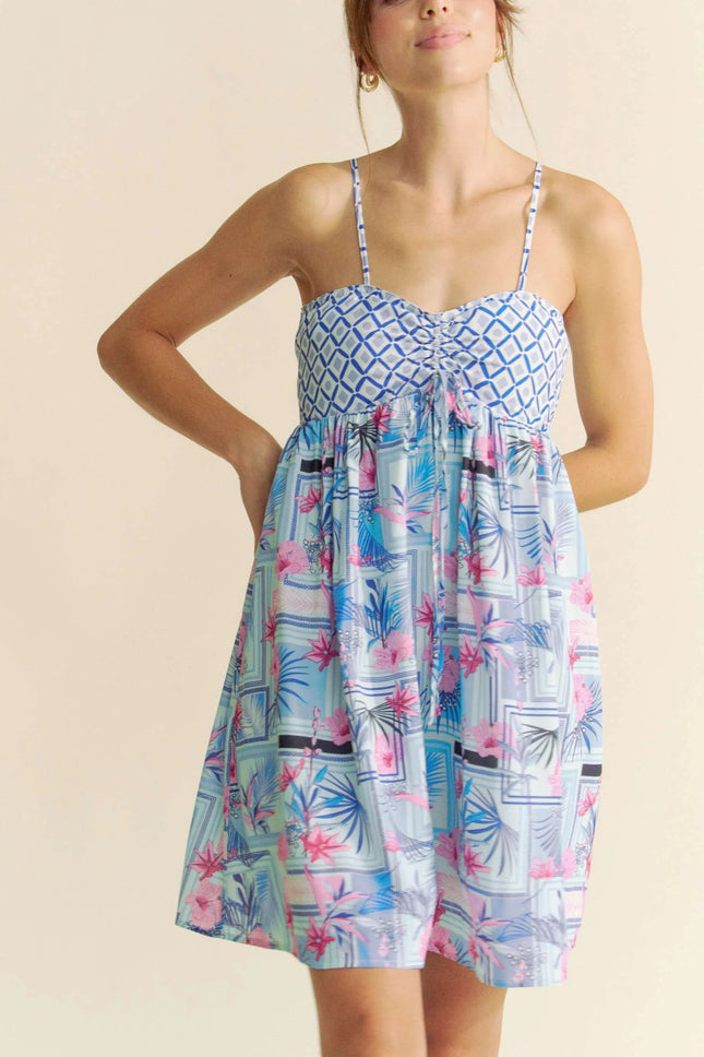 Davi & Dani Tropical Floral Geo Print Tie Back Tube Top Romper - MimiStylez