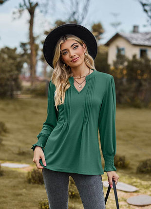 Notched Neck Flounce Sleeve Blouse - MimiStylez