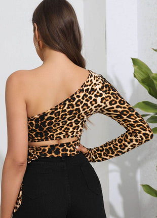 Leopard Cutout One-Shoulder Cropped Top - MimiStylez