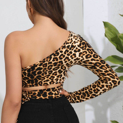 Leopard Cutout One-Shoulder Cropped Top - MimiStylez