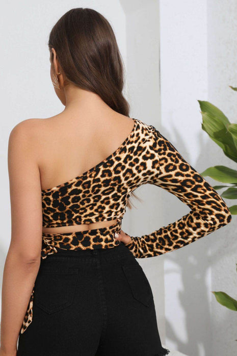 Leopard Cutout One-Shoulder Cropped Top - MimiStylez