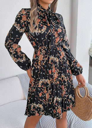 Pleated Printed Tie Neck Long Sleeve Dress - MimiStylez