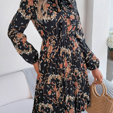 Pleated Printed Tie Neck Long Sleeve Dress - MimiStylez