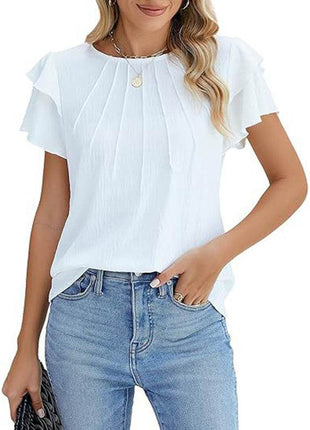 Women's Ruffle Short Sleeve Shirts Dressy Casual Crewneck Top - MimiStylez
