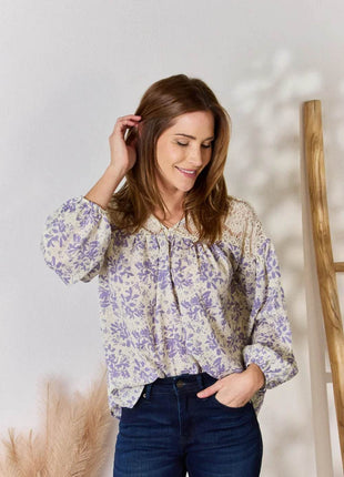 Hailey & Co Full Size Lace Detail Printed Blouse - MimiStylez