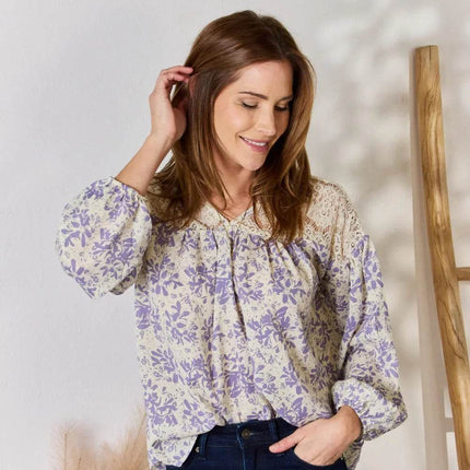 Hailey & Co Full Size Lace Detail Printed Blouse - MimiStylez