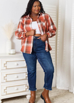 Double Take Plaid Collared Neck Long Sleeve Shirt - MimiStylez