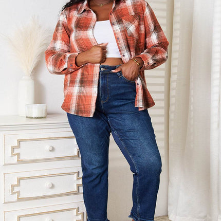 Double Take Plaid Collared Neck Long Sleeve Shirt - MimiStylez