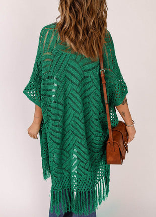 Openwork Open Front Cardigan with Fringes - MimiStylez