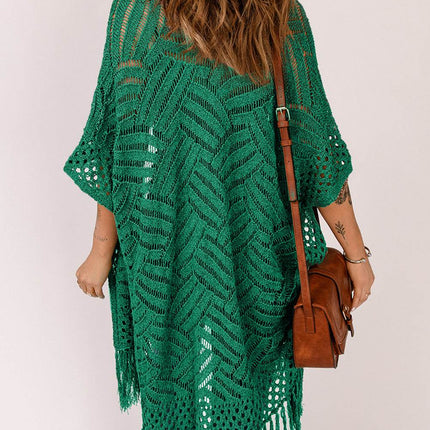 Openwork Open Front Cardigan with Fringes - MimiStylez