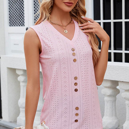 Decorative Button Eyelet V-Neck Tank - MimiStylez
