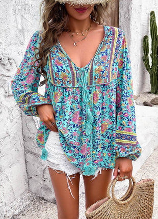 Printed Tie Neck Long Sleeve Blouse - MimiStylez