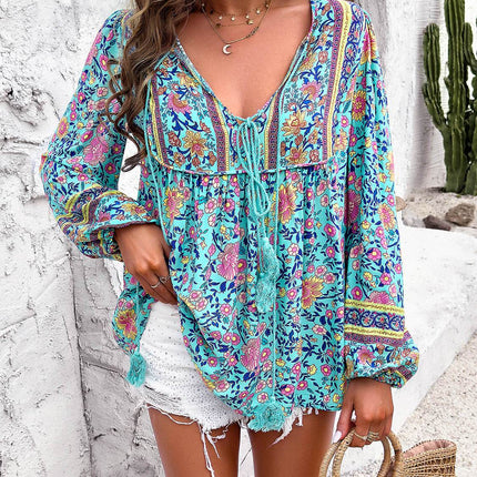 Printed Tie Neck Long Sleeve Blouse - MimiStylez