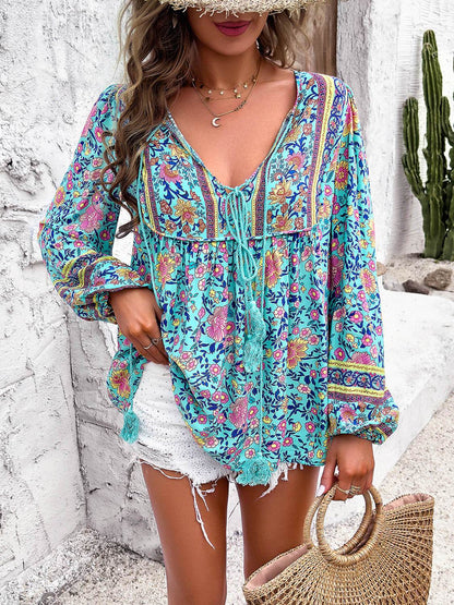 Printed Tie Neck Long Sleeve Blouse - MimiStylez
