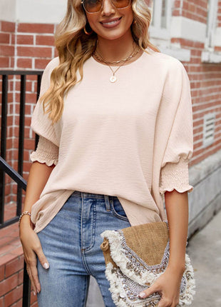 Round Neck Smocked Lantern Sleeve Blouse - MimiStylez