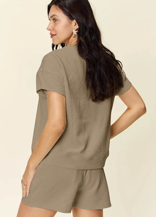 Double Take Full Size Texture Short Sleeve T-Shirt and Drawstring Shorts Set - MimiStylez