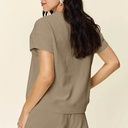 Double Take Full Size Texture Short Sleeve T-Shirt and Drawstring Shorts Set - MimiStylez