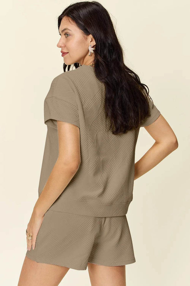 Double Take Full Size Texture Short Sleeve T-Shirt and Drawstring Shorts Set - MimiStylez